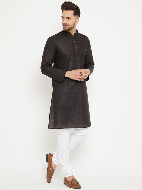 Vastramay Men's Black And White Cotton Kurta Churidar Set